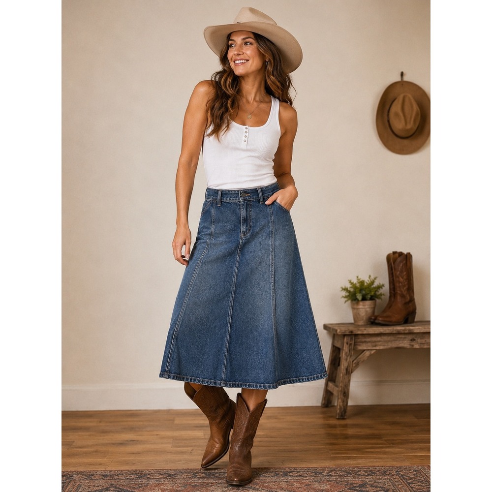 Lauren Ralph Lauren Denim Midi Skirt Blue A-Line Flared Panelled Size 14